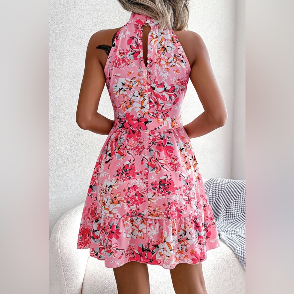 Floral Tie Waist Ruffle Hem A-Line Dress - Picture 3 of 3